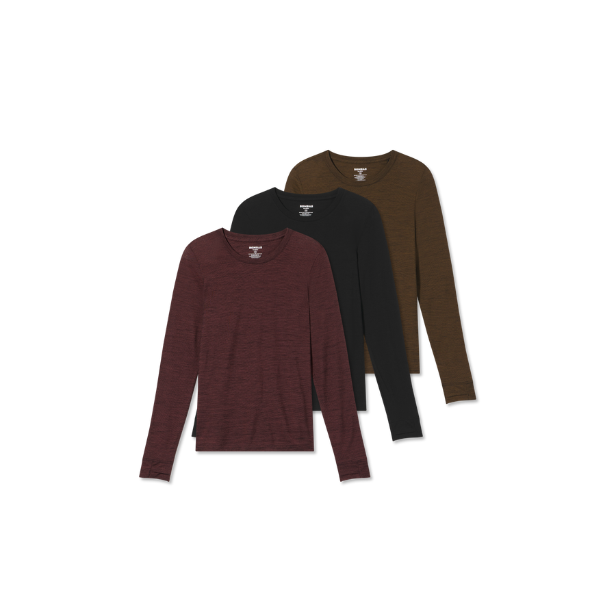 Women's Merino Wool Blend Crew Neck Long Sleeve T-Shirt 3-Pack - Easy Stretch