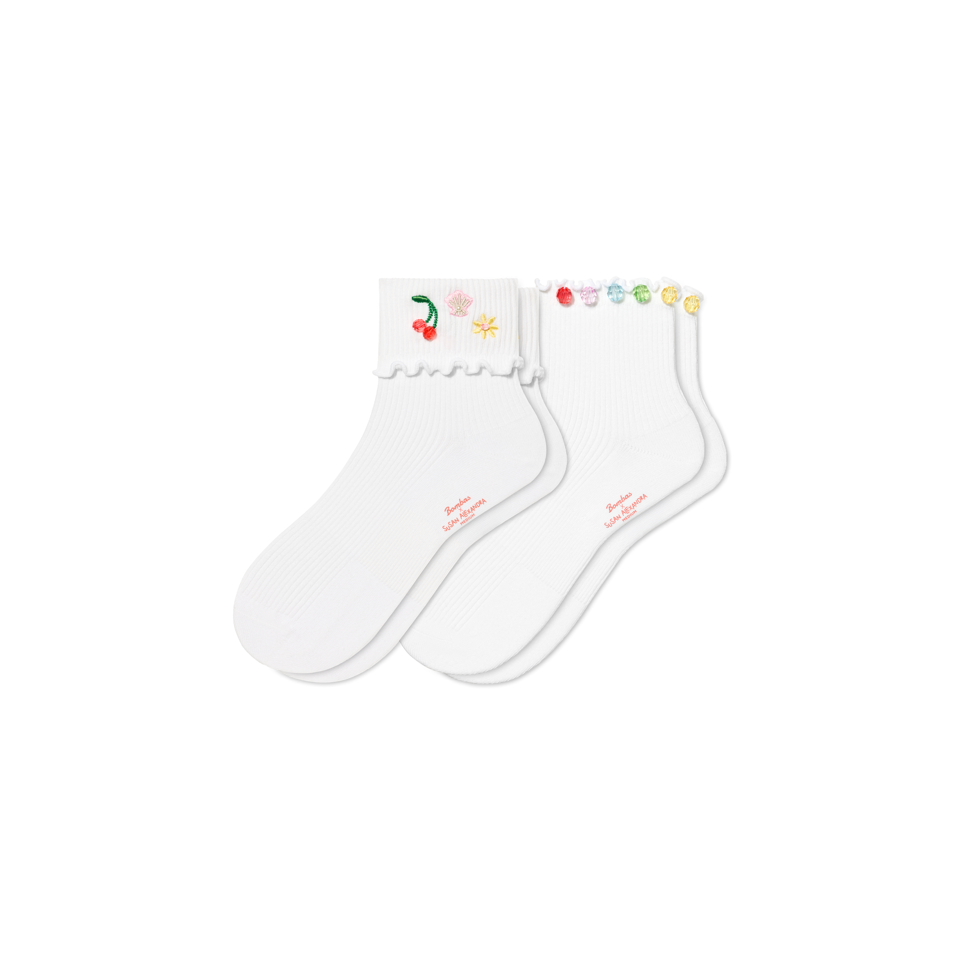 Bombas x Susan Alexandra Embellished Ruffle Rib Quarter Sock 2-Pack - White Cherry Mix L